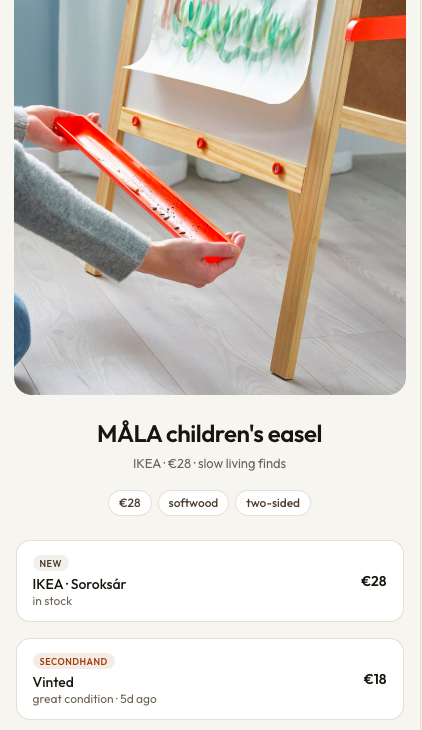olnu product card: IKEA MÅLA children's easel, showing IKEA new at €28 and Vinted secondhand at €18